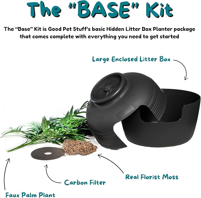Good Pet Stuff Original Hidden Litter Box Planter, Decorative Cat Litter Enclosure, Carbon Filter, Faux Plant, Round Design, Easy to Clean, Base Kit, Palm Plant, Charcoal Black