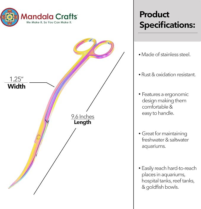 Mandala Crafts Rainbow Stainless Steel Curved Aquarium Scissors for Trimming Aquatic Plants – Wave Aquascape Scissors for Fish Tanks, Hospital Tanks, Goldfish Bowls, Aquariums, and Terrariums