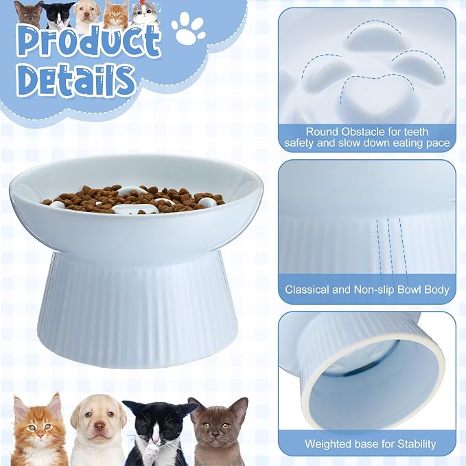 Tioncy 2 Pcs Raised Cat Slow Feeder Bowl Ceramic Elevated Cat Dog Food Bowl No Spill High Edge for Dry Wet Food and Water Easy to Clean, Dishwasher Safe (White,Blue)