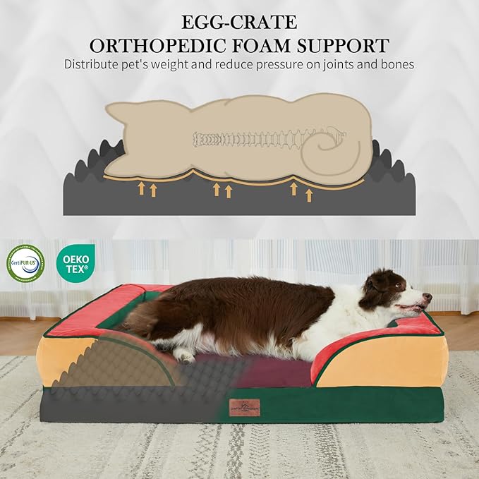 Comfort Expression Orthopedic Dog Bed for Extra Large Dogs 42x30 Inch, Waterproof Egg Crate Foam XL Pet Bed with Bolsters, Dog Couch with Washable Cover & Non-Slip Bottom, Watermelon Meadow