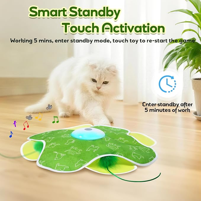 Saolife Interactive Cat Toys with Moving Feather Concealed in Mat, Rechargeable Cat Exercise Toys for Bored Cats with Motion Activated, Mouse Squeaky (Green)