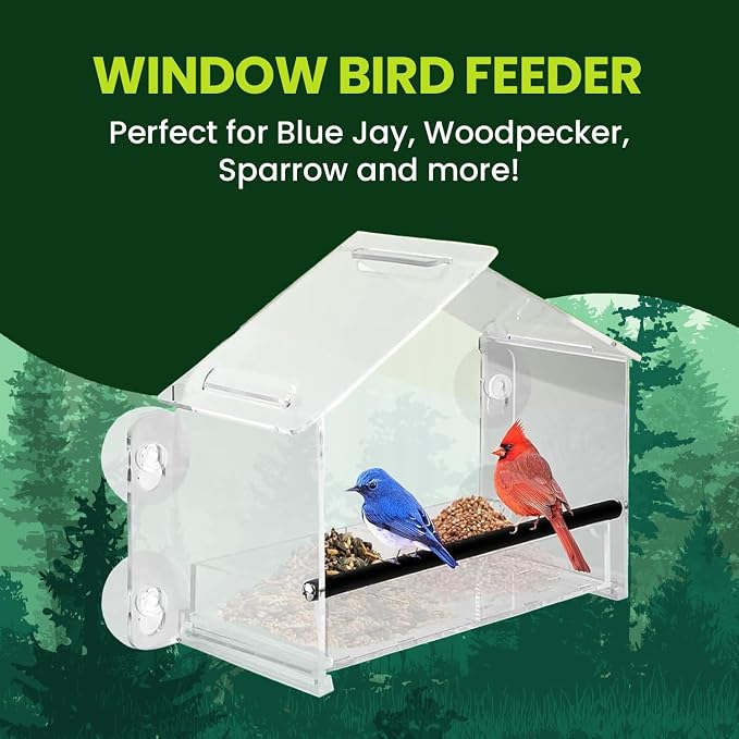 Nature Gear Window Bird Feeder with Strong Suction Cups, Clear Acrylic Window Mounted Bird Feeder, Removable Sliding Tray, Weather-Resistant, Durable, Squirrel-Resistant, Home Style