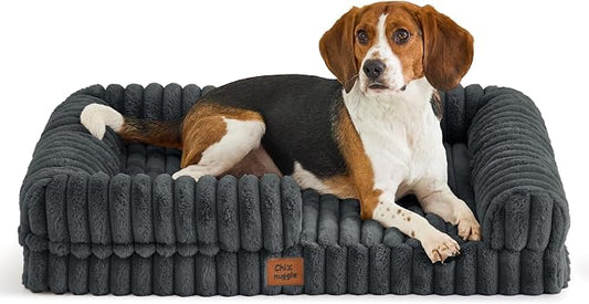 Orthopedic Dog Bed for Large Dogs, Washable Dog Bed with Faux Rabbit Fur Waterproof Cover, High Density Egg Crate Foam Support with 3-Sided Bolsters for Senior Dogs, Non-Skid Bottom,35x28x7, Dark Grey