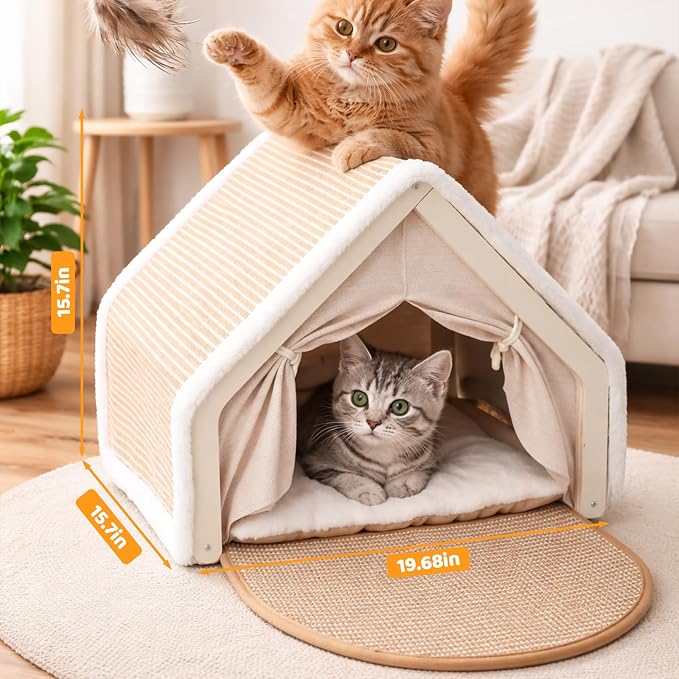 Cat Houses for Indoor Cats, 4-Season Universal Cat Bed with Natural Hemp Scratching Pad, Solid Wood Frame, Easy to Assemble, Floor-Scratching Carpet, Medium