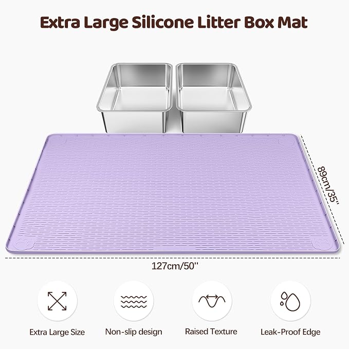 Cat Litter Mat, XXL Extra Large 50" x 35" Silicone Mat Litter Trapping Mat for Scatter Control, Soft on Kitty Paws, Easy to Clean (Purple)