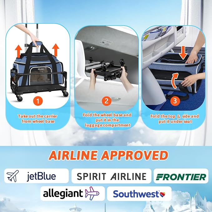 Petskd Top and Side Expandable Pet Carrier with Wheels 17x12x8.5 Inches JetBlue Frontier Spirit Airline Approved, Soft-Sided Carrier for Small Cats and Dogs with Locking Safety Zippers(Blue)