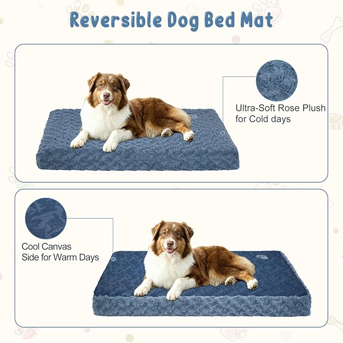 EMPSIGN Stylish Dog Bed Mat Dog Crate Pad Mattress Reversible (Cool & Warm), Water Proof Linings, Removable Machine Washable Cover, Firm Support Pet Crate Bed for Small to XX-Large Dogs, Navy/Grey