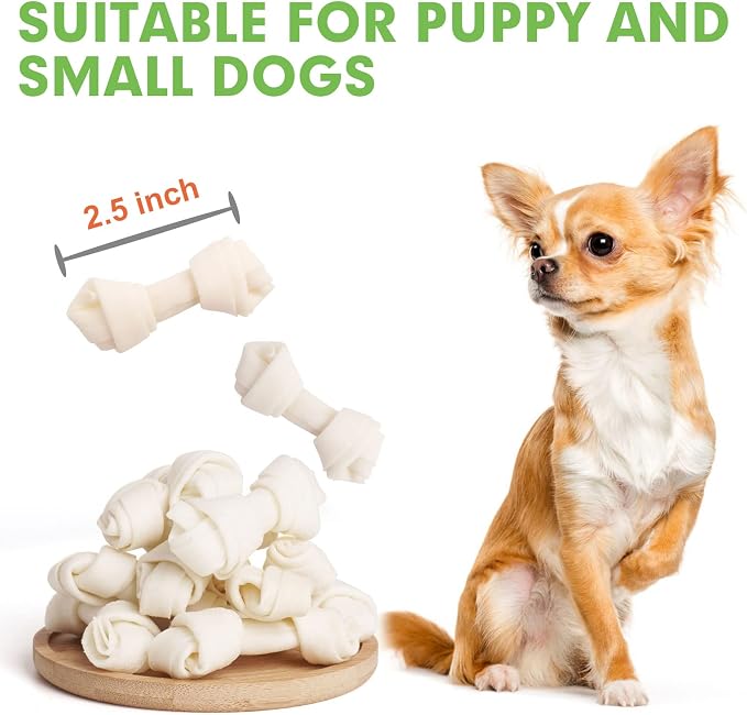 MON2SUN Dog Rawhide Knot Bones Small Rawhide Mini Chew Bones Natural 2.5 Inch 100 Count for Puppy and Small Dogs