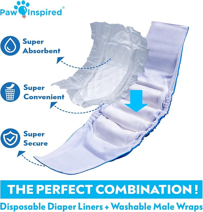 Paw Inspired Reusable, Washable Belly Bands for Male Dogs (X-Small, 3 Count) with Disposable Diaper Liner Inserts (30 Count)