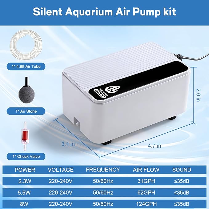 Aquarium Air Pump, Quiet Powerful Fish Tank Air Pump, Adjustable Fish Tank Bubbler with Air Stone, 2.3W/5.5W/8W Bubbler for Aquarium Fish Tank for Small Medium Large Fish Tank Up to 200 Gallon
