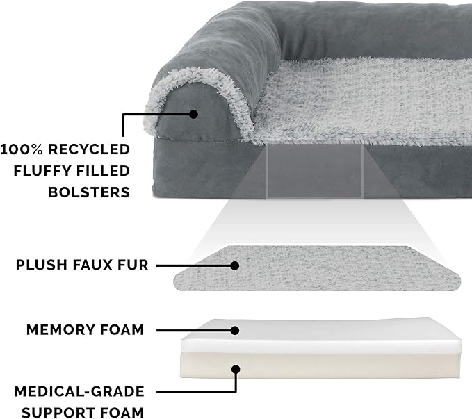 Furhaven Memory Foam Dog Bed for Large/Medium Dogs w/ Removable Bolsters & Washable Cover, For Dogs Up to 55 lbs - Two-Tone Plush Faux Fur & Suede L Shaped Chaise - Stone Gray, Large