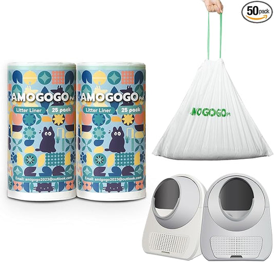 50 Pack Litter Box Bags, Compatible with Self Cleaning Litter Box Scooper Young & ProX & Ultra, Automatic Litter Box Liners, Replacement Trash Bags with Drawstring, 25.59" x 15.75"