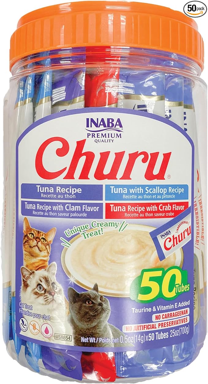 INABA Churu Cat Treats, Lickable, Squeezable Creamy Purée Cat Treat with Green Tea Extract & Taurine, 0.5 Ounces Each Tube, 50 Tubes, Tuna & Seafood Variety
