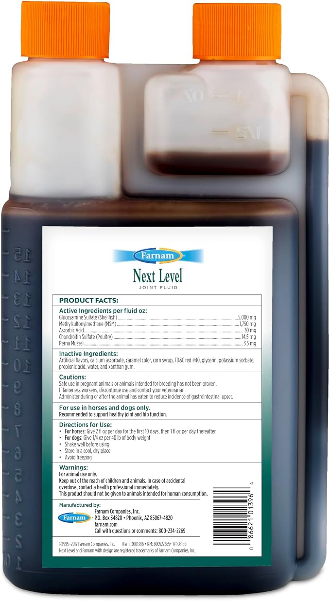 Farnam Next Level Joint Fluid Supplement for horses and dogs, Helps maintain connective tissue to ease joint stiffness due to daily activity, 16 ounces, 16 day supply