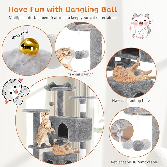 54 Inch Cat Tree, Multi-Level Cat Tower with Condo, Sisal Scratching Posts and Climbing Ladder, Play Toy Balls House for Indoor Cats, Light Grey
