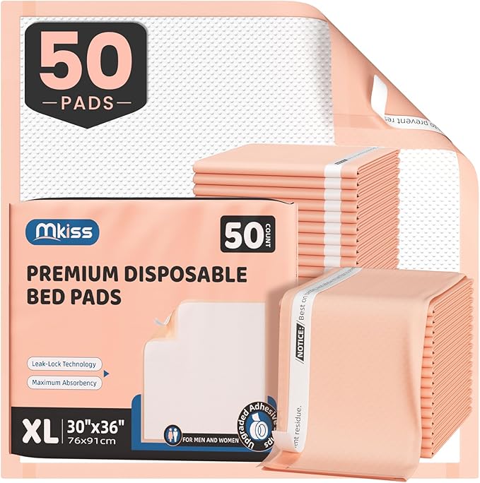 MKISS Bed Pads with Adhesive Strip 30"x36", 50 Count, Thick Absorbent Incontinence Adults Underpads Disposable, Leakproof Pee Pads, Extra Large Pet Training Pads