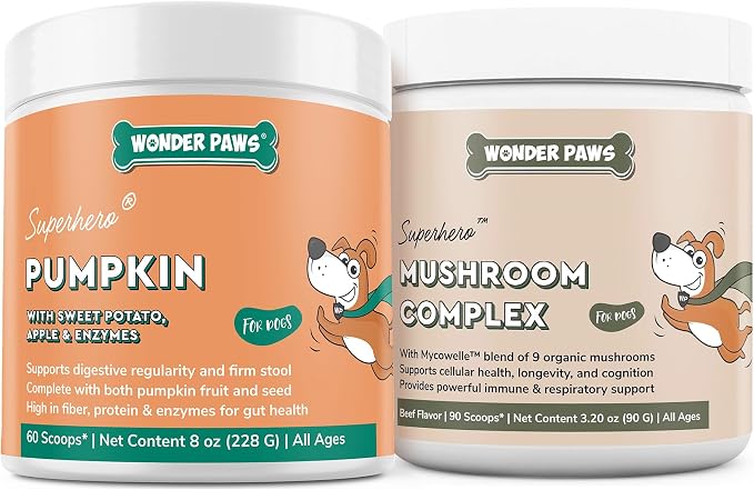 Pumpkin Powder Plus Mushroom Complex Powder - for Dog’s Digestive and Gut Health, Immune Support & Overall Health – Pumpkin 60 Scoops – Mushroom Complex 90 Scoops