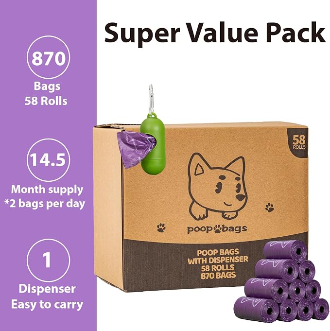 Scented Dog Poop Bags With Dispenser, Strong and Leak-proof Waste Bags for Pets, 870 Count (58 Packs of 15), 13 Inch x 9 Inch (Purple)