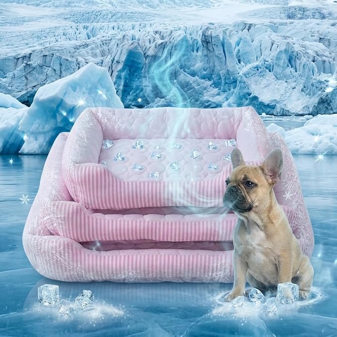 Cooling Dog Bed for Large Medium Small Dogs, Breathable Dog Cooling Mat with Self Cooling Ice Silk Fabric, Washable Summer Pet Bed for Indoor Outdoor,Pink Small