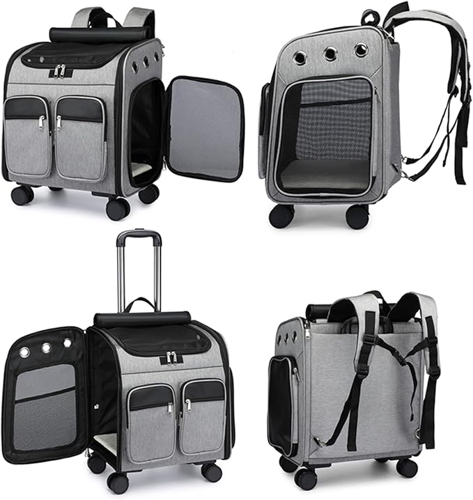 Pet Travel Carrier with Removable Rolling Wheels, Cat Rolling Carrier Backpack Pet Stroller Luggage Bag for Dogs Cats Puppy,Mesh Ventilation Windows, 2 Storage Pockets,Telescopic Handle