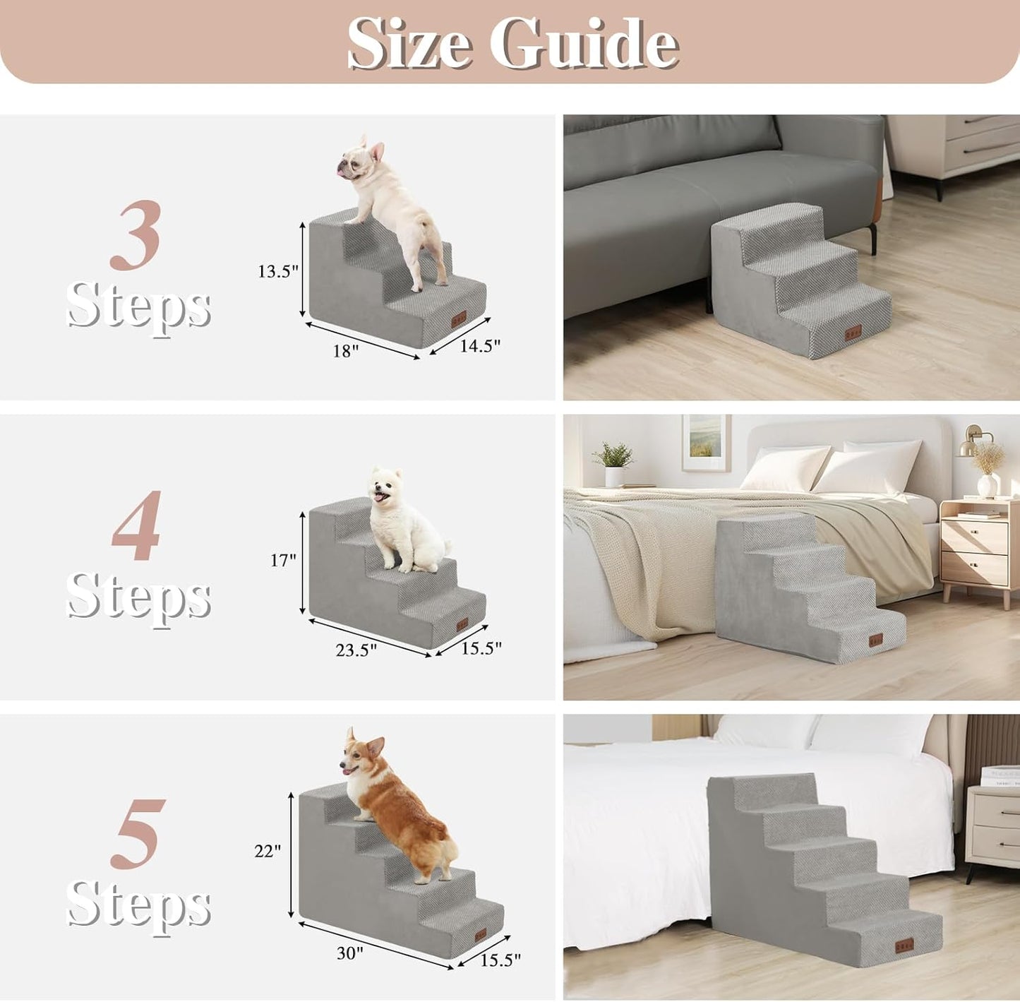 GGIB Dog Stairs for Small Dogs Cats Non-Slip Dog Steps for High Bed Pet Stairs for Sofa Couch Pet Ramp Pet Steps with Removable Washable Cover, Light Grey, 22" H, 5-Step