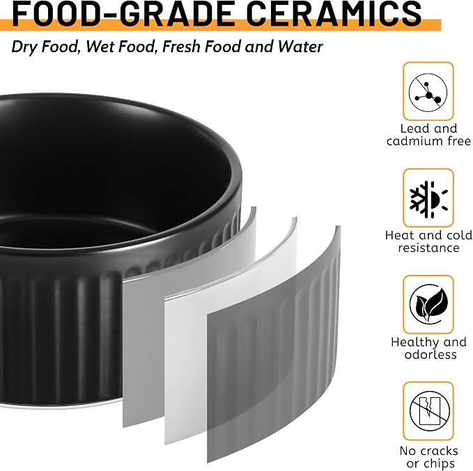 Non-Slip Ceramic Dog Bowls,6" Dog Food and Water Bowl Set with Silicone Base, 32oz/4cups Weighted Flip-Proof Pet Feeding Bowl for Medium Dogs (Medium,Black)