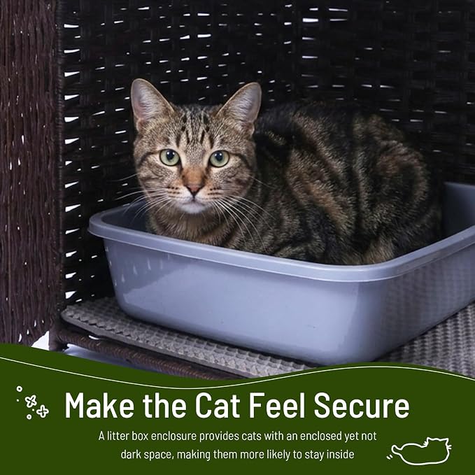 Neti Neti Cat Litter Box Enclosure Furniture, A Calm Enclosed Space Chosen by Cats, Handwoven Rattan Hidden Cabinet with 2 Removable Mats, Large Foldable Design for Indoor Use, Small, Brown