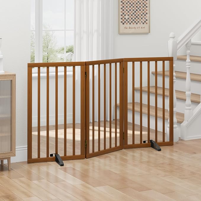 Dog Gates for Doorways, Tall Dog Gate Indoor, Foldable Pet Gates for Doorways Bedroom, Freestanding Puppy Gate with Metal Support Feet, Room Divider,3 Panels (Walnut)