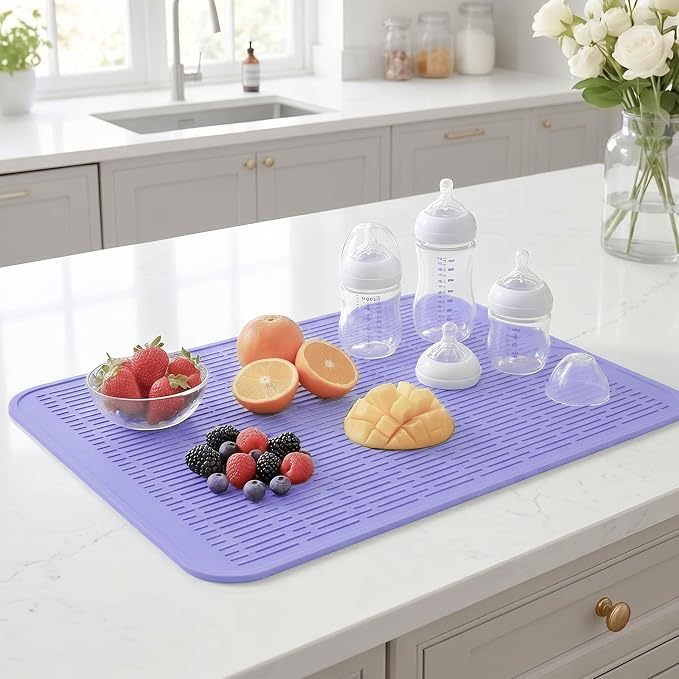 MicoYang Silicone Dish Drying Mat for Multiple Usage,Easy clean,Eco-friendly,Heat-resistant Silicone Mat for Kitchen Counter or Sink,Refrigerator or Drawer Liner Light Purple 3XL 28 inches x 18 inches