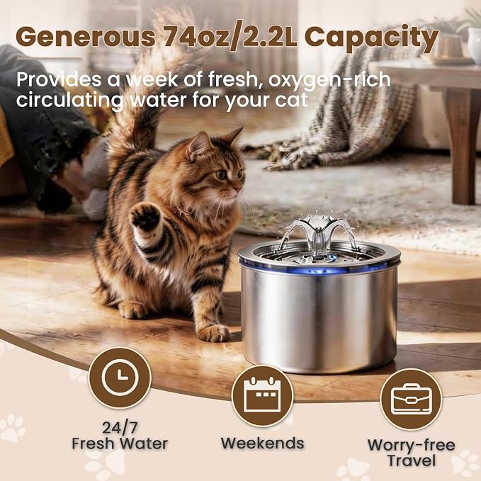 Cat Water Fountain Stainless Steel, 74oz/2.2L Automatic Pet Fountain with 3 Replacement Filters, Ultra Quiet Water Dispenser for Cats Indoor, LED Monitoring Water Level, Easy Clean