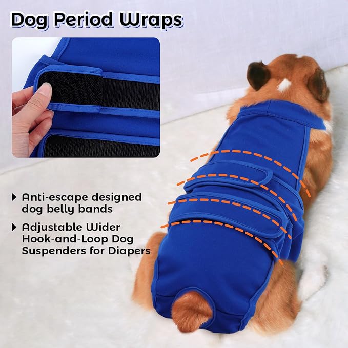 QBLEEV Female Dog Diapers with Adjustable Suspenders – Washable Sanitary Panties for Dogs in Heat or Incontinence, Escape-Proof Reusable Pet Period Underwear Onesie for Small to Large Breeds