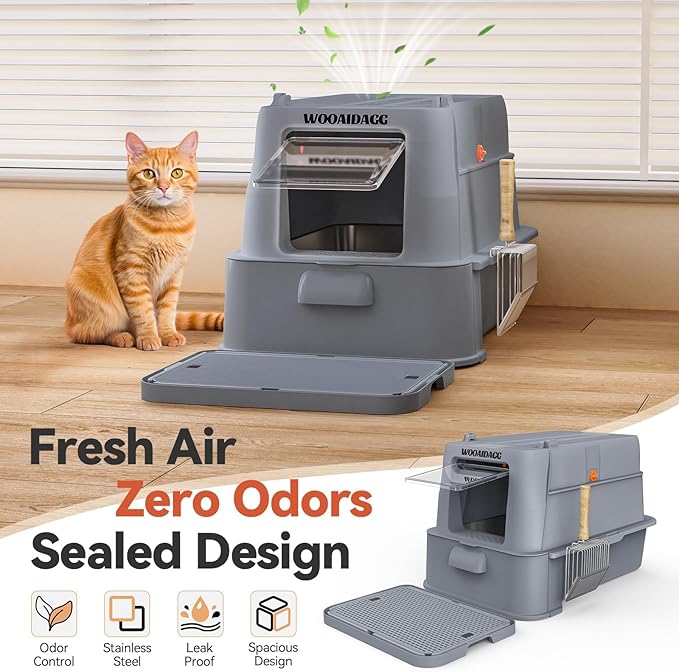 Wooaidagg Enclosed Stainless Steel Cat Litter Box with Odor Control, Modular Design with Drawer and Flip Door, Easy to Clean and Wash,Non-Stick Interior,Extra Large Size Fits All Cats(Dark Grey)