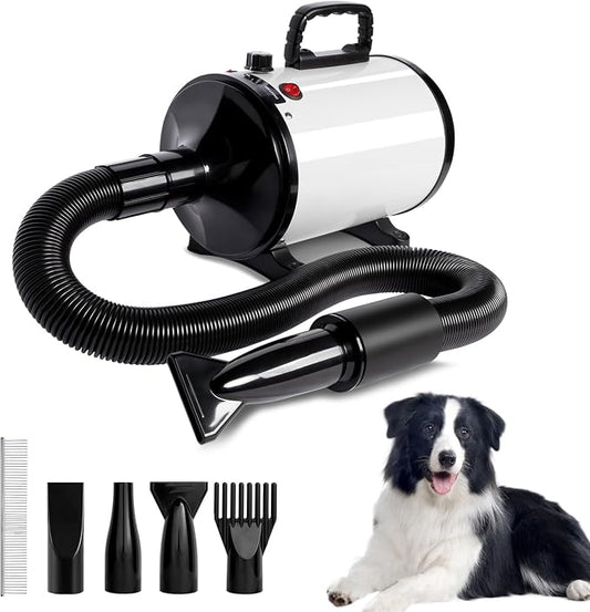 IVY&LANE Dog Dryer for Grooming,High Velocity Dog Hair Dryer Force Blower with 4 Nozzles,Adjustable Speed Pet Blow Dryer,Noise Reduction,Heat Insulation,White