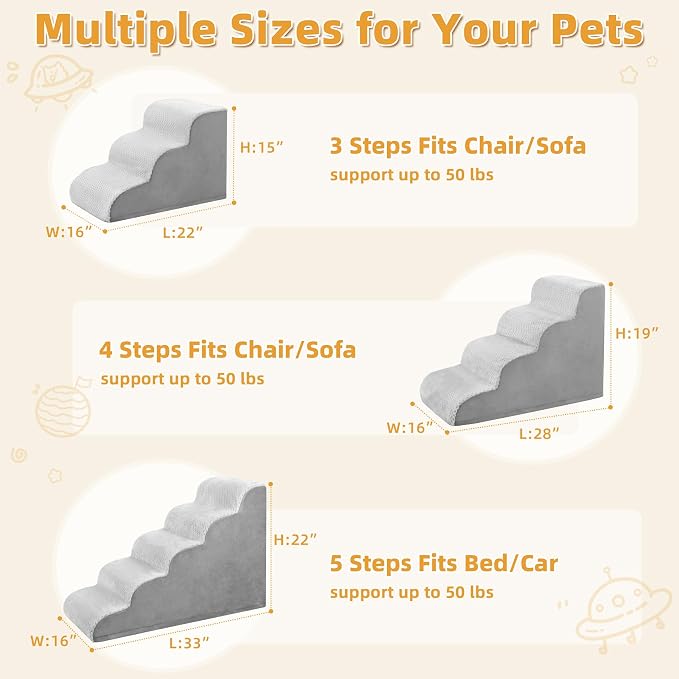 Dog Stairs Ramp, Curved 5-Step Dog Steps for Small Dogs and Cats, Pet Stairs for High Beds and Couch with Anti-Slip Washable Cover and Durable High Density Foam, Grey