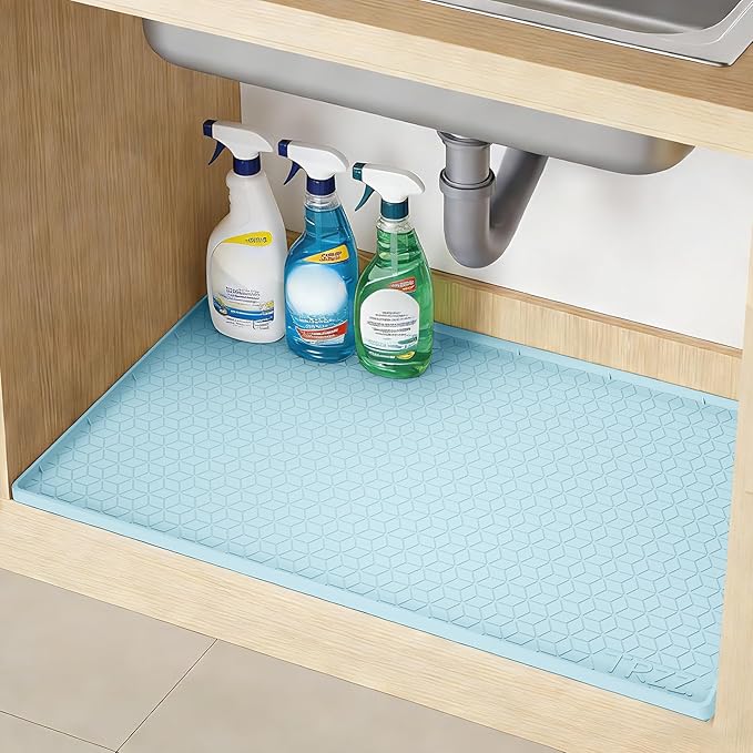 TRZZ Silicone Waterproof Under Sink Mat 22" x 19", Drip Tray and Cabinet Liner for Kitchen and Bathroom, Prevents Water Damage and Organizes Cabinets (Light Blue)