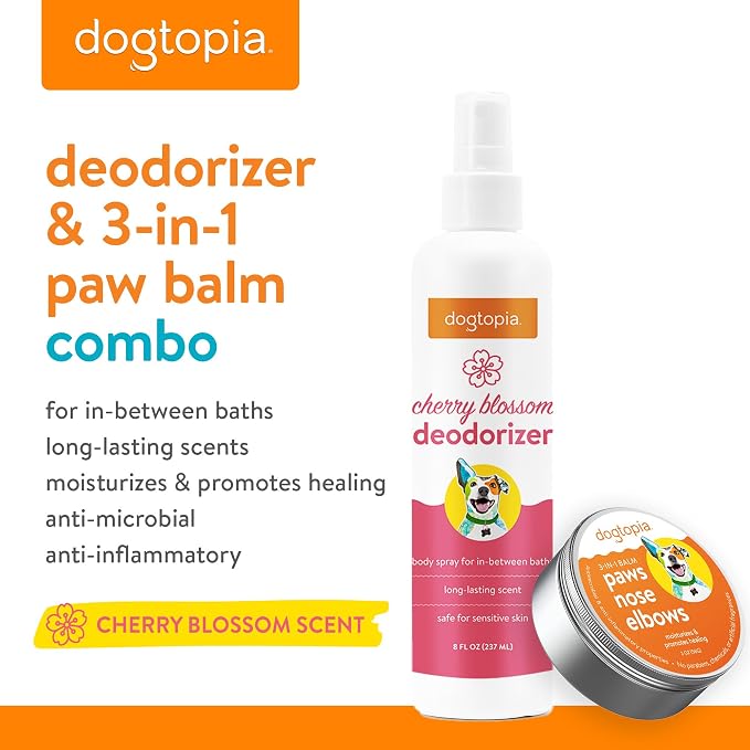 Dogtopia 3-in-1 Paw Balm & Deodorizer Spray - Between Baths Bundle for Pets | Moisturizing Balm for Cracked Skin (2oz) & Long-Lasting Cherry Blossom Odor Eliminator (8oz) for Dogs & Cats