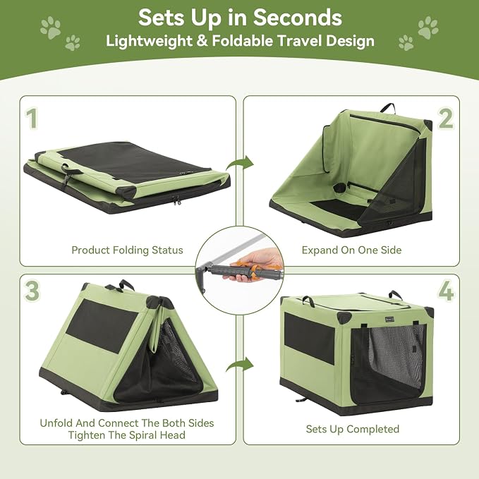 PETSFIT 36" Soft Portable Dog Crate – Patented Spiral Sturdy Frame, Collapsible Travel Kennel for Medium & Large Dogs, 3 Mesh Door, Lockable Zippers, Indoor & Car Use Green