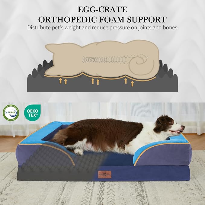 Comfort Expression Orthopedic Dog Bed for Extra Large Dogs 42x30 Inch, Waterproof Egg Crate Foam XL Pet Bed with Bolsters, Dog Couch with Washable Cover & Non-Slip Bottom, Hidden Bay