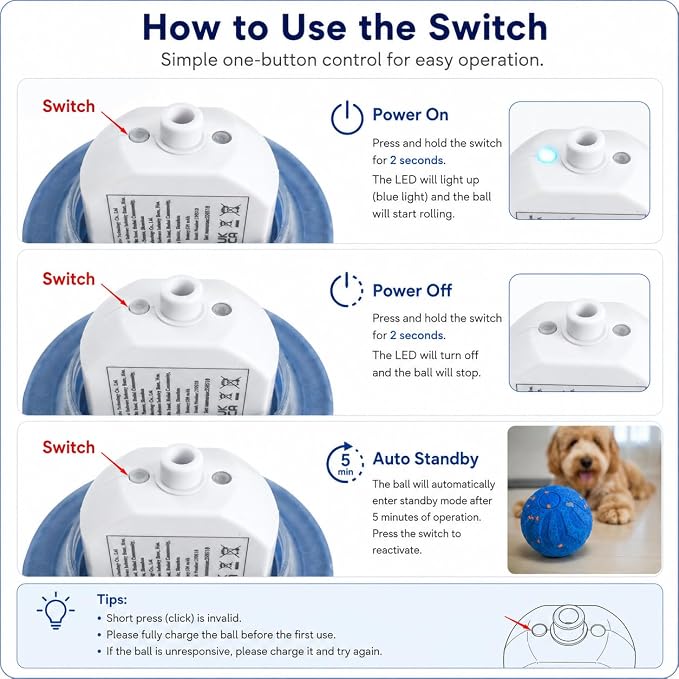 Smart Dog Ball - High-Elasticity E-TPU Interactive Toy, Automatic Rolling Ball with 2 Modes & LED Glow, 350mAh Long Battery Life, Motion Activated & USB-C Rechargeable for Dogs