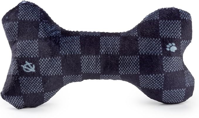 Haute Diggity Dog Chewy Vuiton Bone Plush Squeaky Dog Toy, Soft Durable Designer-Inspired Stuffed Puppy Chew Toys for Small & Medium Dogs, Machine-Washable (Black Checker) Small