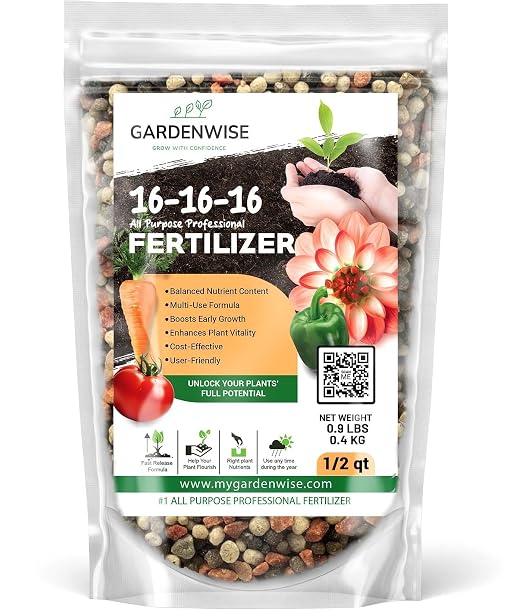 GARDENWISE 16-16-16 All Purpose Professional Fertilizer - Lawn, Flower, Tree, Shrub & Vegetable Garden Fertilizer (1/2 Quart)