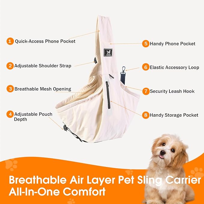Pet Sling Carrier for Small Dogs and Cats 5-20lbs, Dog Sling with Adjustable Depth, Breathable Air Mesh Puppy Travel Bag, Water Resistant Fabric, Double Safety Leash, Machine Washable,Apricot