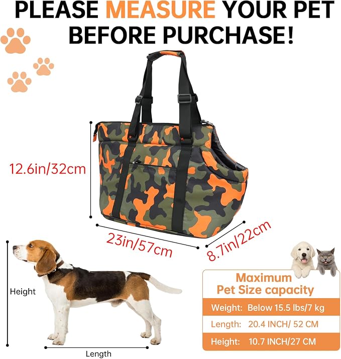 10mm Padded Tote Bag Carrier for Dog Cat Below 15.5lb/7kg-Camouflage Orange