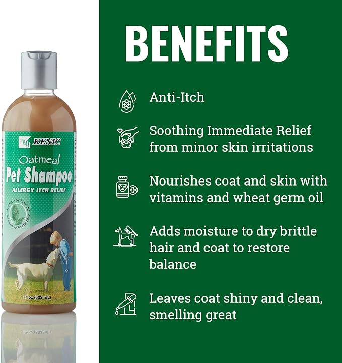 Kenic Oatmeal Anti-Itch Pet Shampoo with Almond Oil – Soothing, Conditioning & Deodorizing Relief for Dogs & Cats, Puppy-Safe, Made in USA