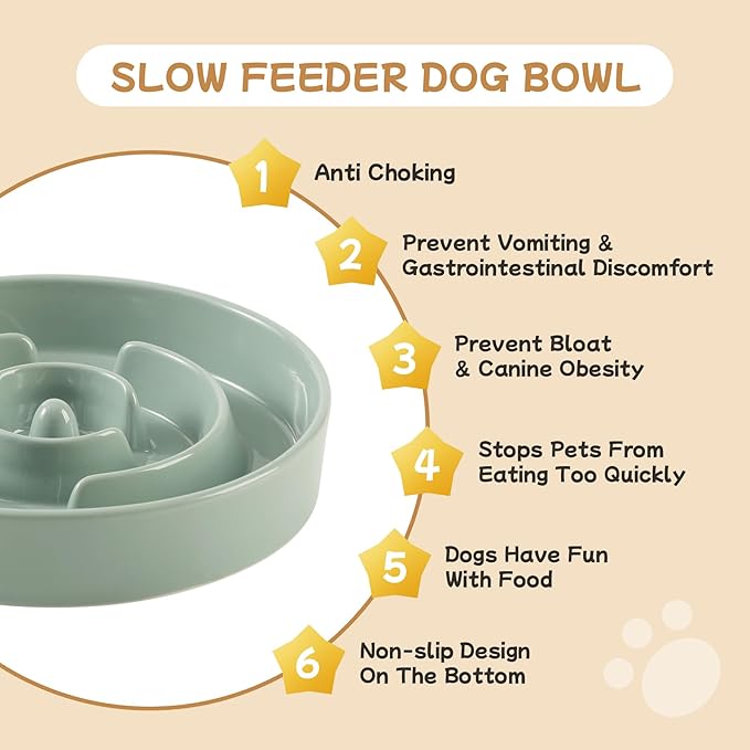 Havniva 6.1” Raised Slow Feeder Dog Bowls Set, 0.9 Cups Ceramic Slow Feeder Dog Bowl and 6.1” Dog Water Bowl with Elevated Wooden Stand Puzzle Dog Food Bowl for Small Dogs Anti-Gulping & Anti-Choking