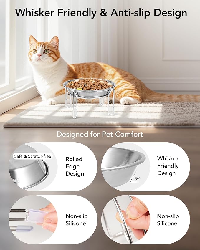 Elevated cat Bowl, 6.3" Wide Raised Stainless Steel Cat Food and Water Dishes, Small Dog Bowl, Whisker Friendly, Anti-Vomiting, Neck Stress-Free, Non-Slip Stainless Steel Stand with 4 Legs- 3Pack