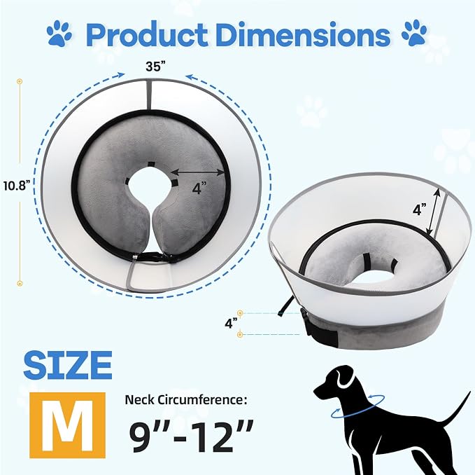 2-in-1 Inflatable Dog Cone Collar with Detachable Anti-Licking Shield, Soft Adjustable Elizabethan Collar for Dogs After Surgery (M, Grey)