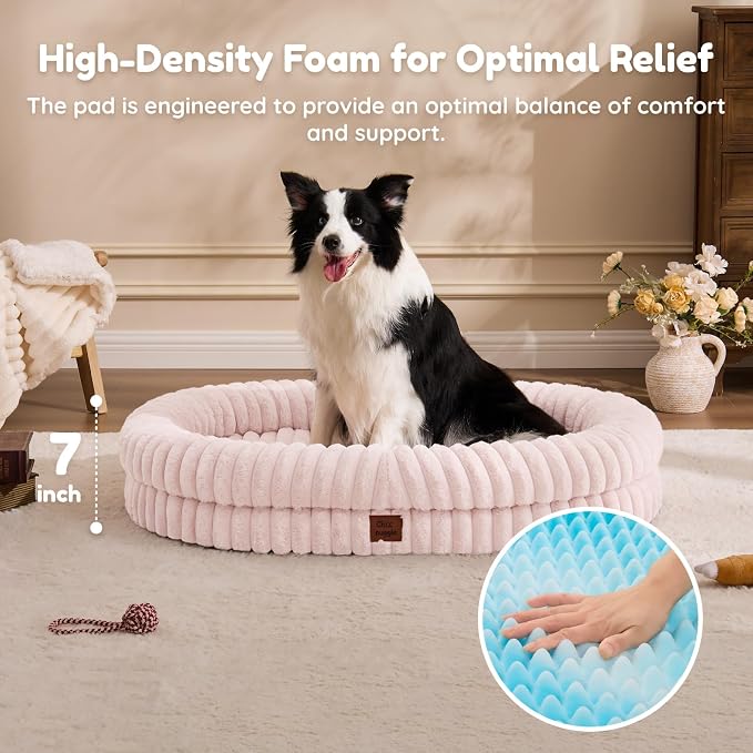 ChiXnuggle Orthopedic Dog Bed for XL Dogs, Waterproof Faux Rabbit Fur Dog Couch with Egg Crate Foam Support and Washable Removable Cover, Bolster Pet Sofa with Non-Slip Bottom, 41x30x7, Pink
