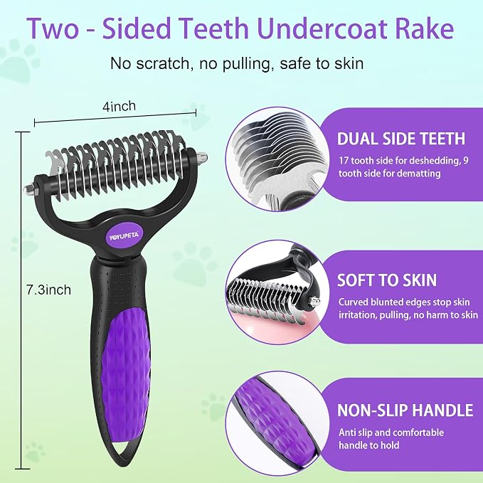 Large Dog Slicker Brush for Goldendoodles, Poodles - 3 in 1 Grooming Kit with Undercoat Rake & Comb - Extra Long Pins Slicker Brush for Dematting, Thick Coats, Shedding, Detangling, Purple
