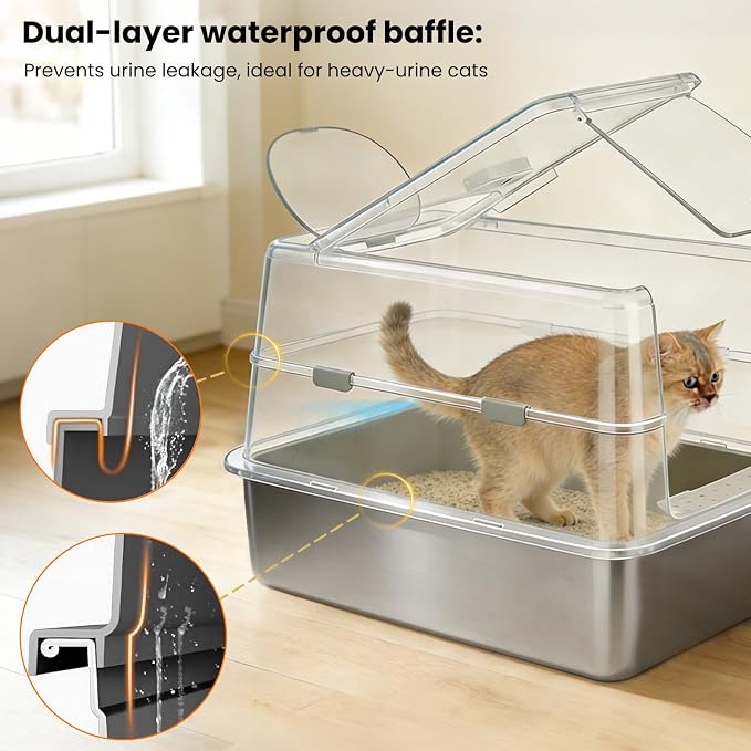Extra Large Stainless Steel Cat Litter Box with 120° Lid for Multiple Cats, Enclosed Top Entry Litter Box High-Sided Anti-Leak, Dog Proof Litter Boxes with Litter Step & Scoop